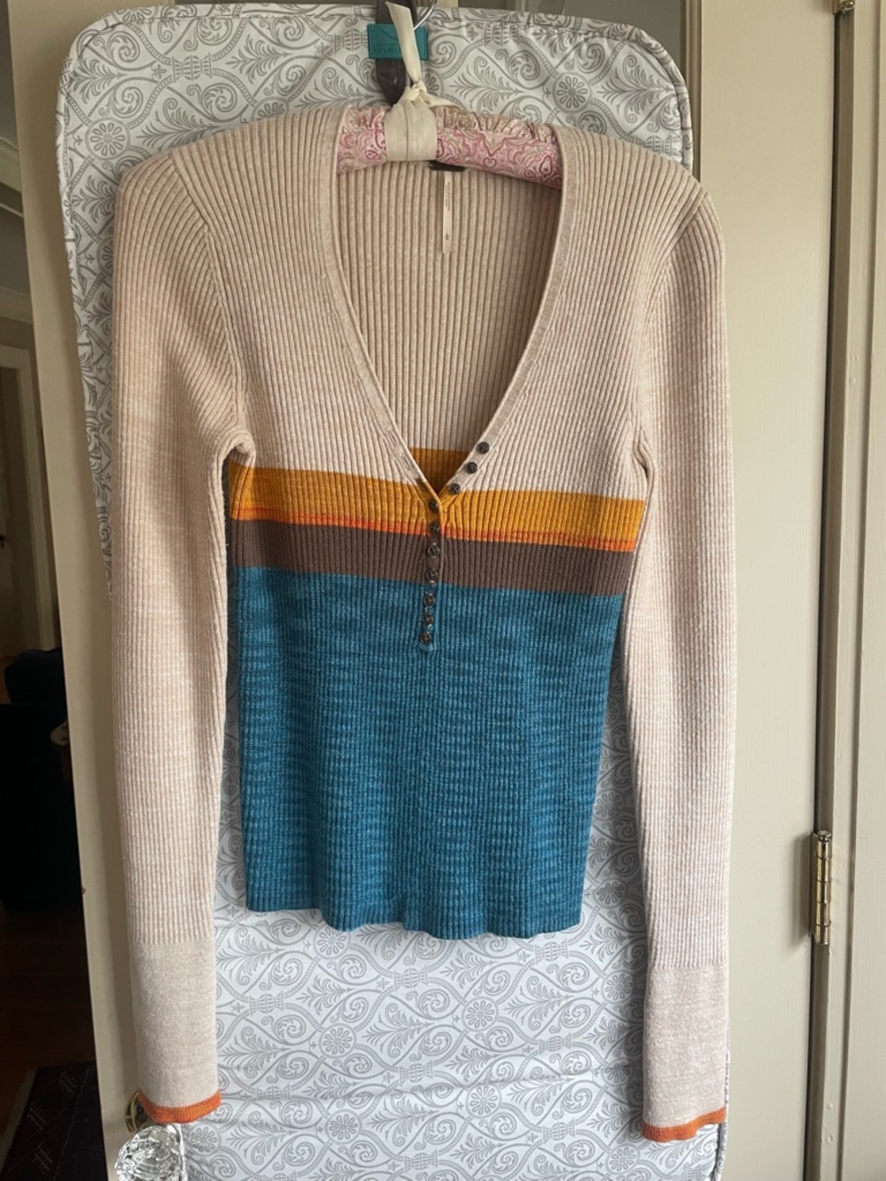 Free People V-Neck Ribbed Sweater in Cream, Teal & Mustard